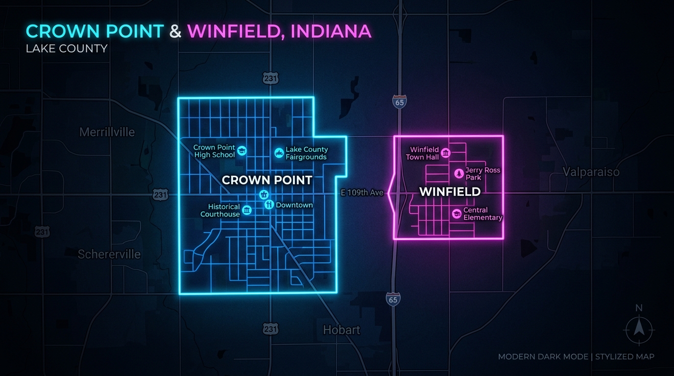 Premium Map of Lake County showcasing Crown Point and Winfield Indiana service areas